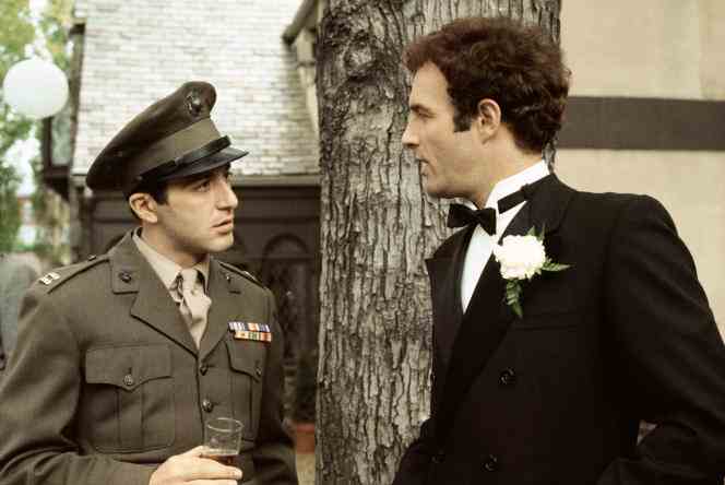 On the left, Al Pacino in the role of Michael Corleone and, on the right, James Caan, in the role of Sonny Corleone in a scene from the film 