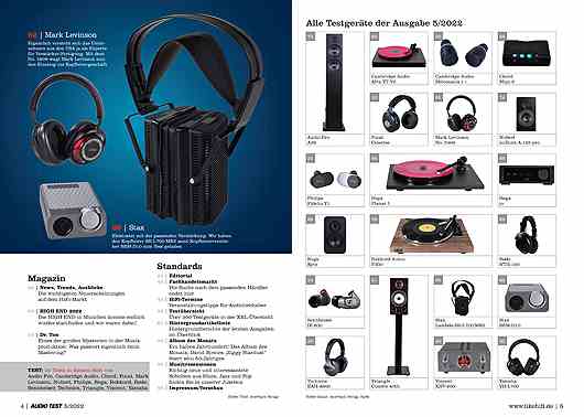 AUDIO TEST Issue 05 2022 Magazine HiFi Magazine Turntable Headphones System Stereo Loudspeakers Auerbach Verlag Test Review July Content