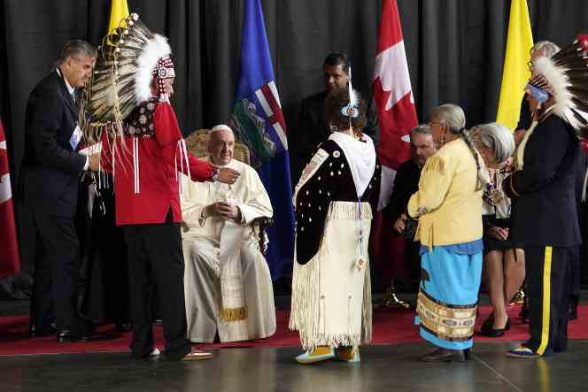 Pope Francis is greeted by First Nations leaders, in Edmonton, Canada, July 24, 2022. 