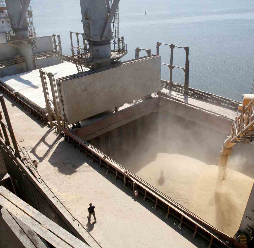 Loading grain onto a ship in Ukraine.  According to Russia, it illegally exports grain from occupied territories