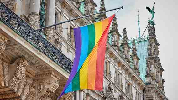 A rainbow flag hangs above the entrance to Hamburg City Hall.  © Georg Wendt/dpa 