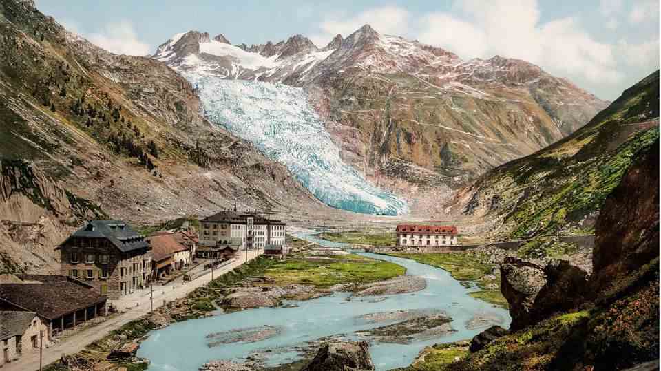 Rhone, the village of Gletsch and the Rhone Glacier