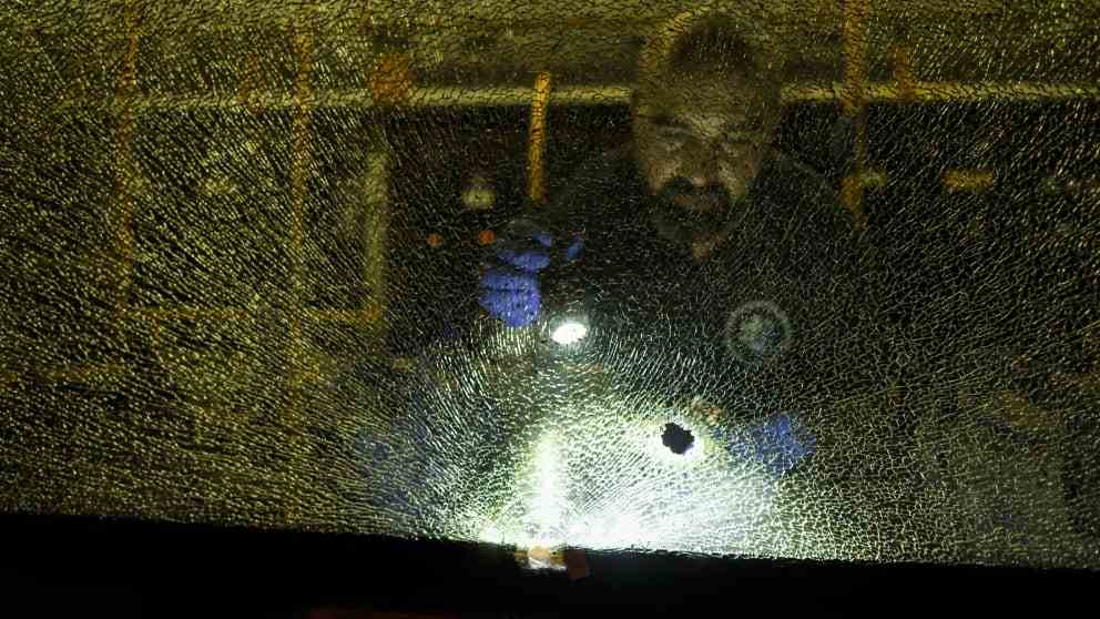 The window of the attacked bus: shattered