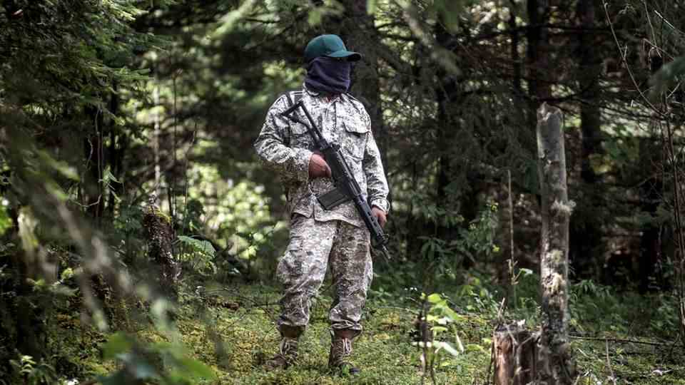 A militiaman in a camouflage suit with a face mask and armed with an assault rifle patrols the Cherán forest