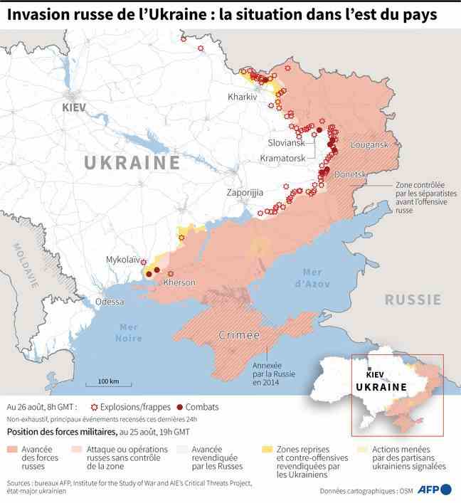 Map of the situation in Ukraine as of August 26, 2022.