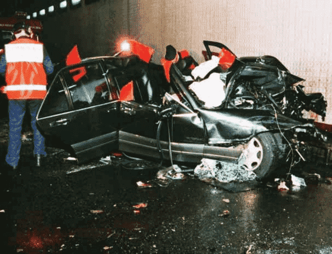 The Mercedes, carrying Diana Spencer, after hitting the 13th pillar of the Pont de l'Alma tunnel on August 31, 1997.
