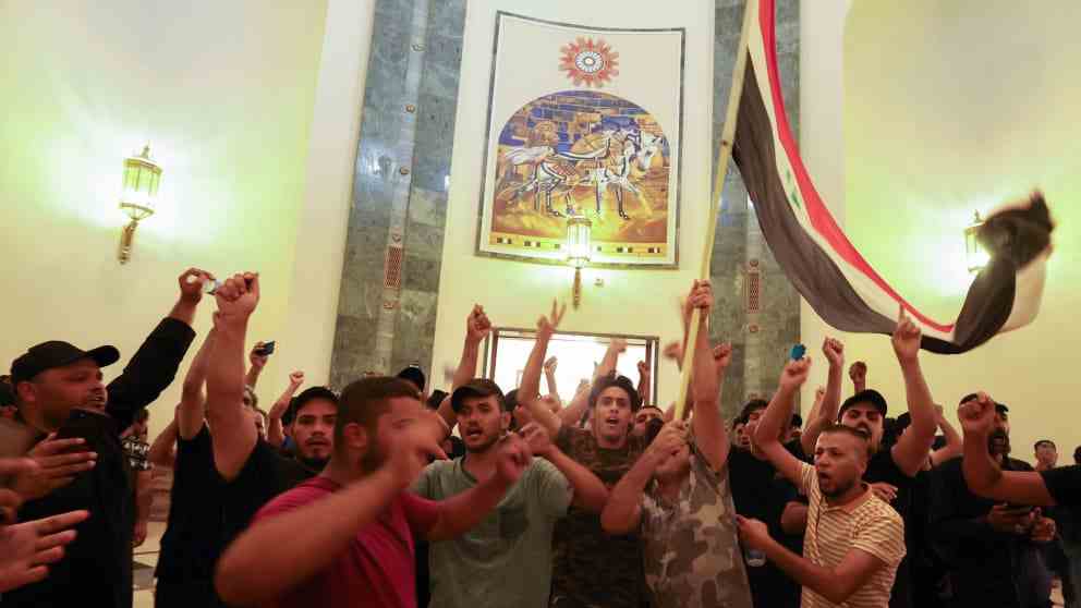 Moqtada Sadr's supporters at the Presidential Palace in Baghdad's Green Zone