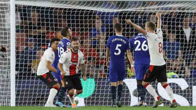 Chelsea in the Premier League: Southampton celebrate the opening goal by Adam Armstrong (3rd from left)