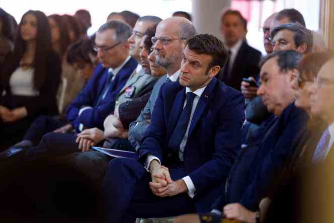 Emmanuel Macron at a reception marking the 60th anniversary of the end of the Algerian war of independence, at the Elysee Palace, March 19, 2022.