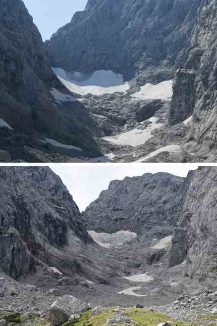 Climate change: The Blaueisferner recorded on August 13, 2021 (above) and on August 1, 2022 (below).