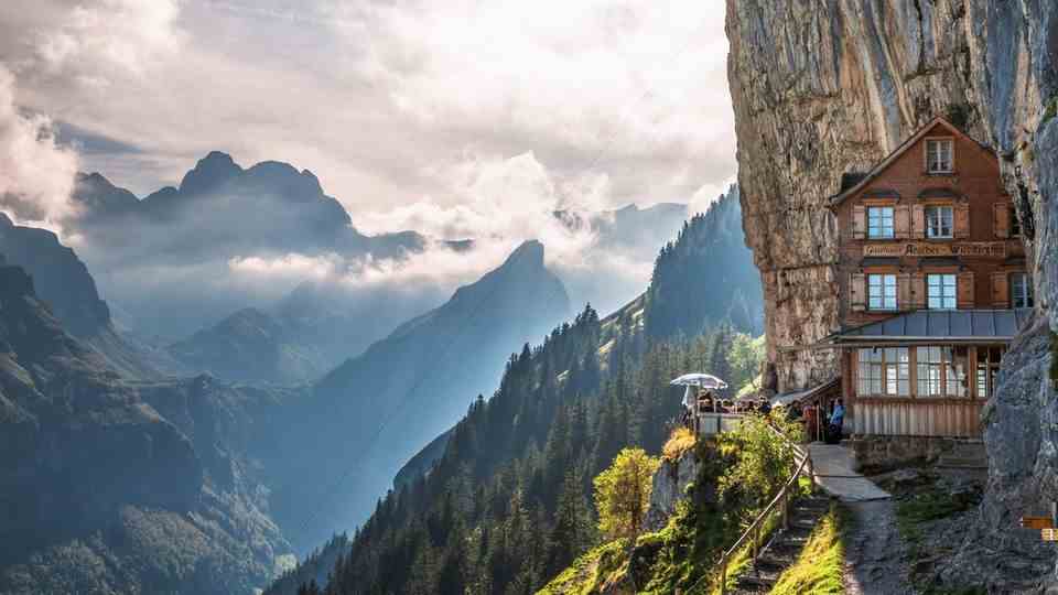 The Aescher mountain inn in Eastern Switzerland is built on a rock