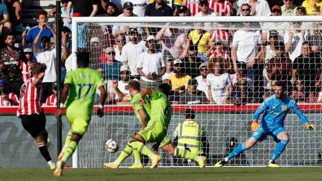 Manchester United: ball stolen, goal made: Brentford's Mathias Jensen (left) made it 2-0 after less than 20 minutes.