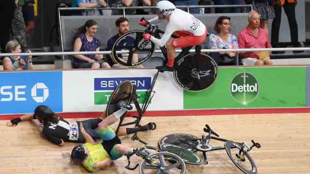 Cycling at the European Championships: Matt Walls (above) of England, George Jackson of New Zealand and Joshua Duffy of Australia fall in the 15km scratch race at the Commonwealth Games.