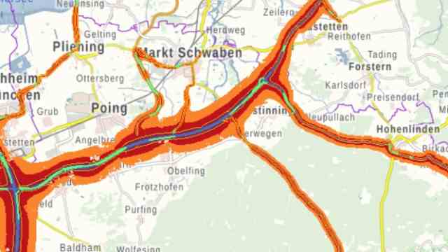 Noise pollution: The traffic arteries, which are visible on the noise pollution register of the Bavarian State Office for the Environment, look threatening.  The darker the color, the higher the noise level.