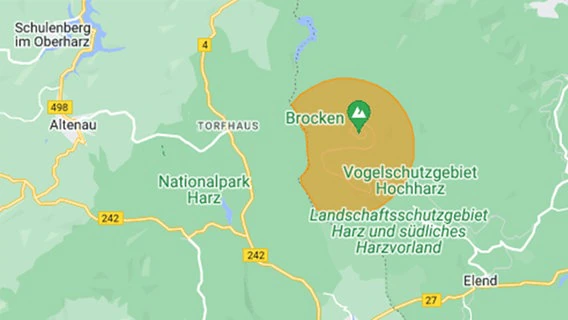 A map shows an area in the Harz Mountains highlighted.  ©Google Maps 