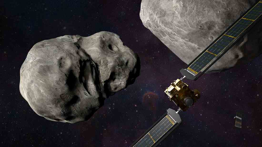 NASA's DART spacecraft is about to ram an asteroid while the small Italian CubeSat LICIACube looks on.  (artist's rendering)