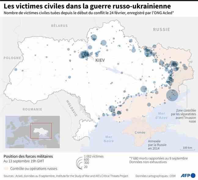 Map of Ukraine showing civilian casualties recorded by the NGO Acled since the start of the conflict on February 24