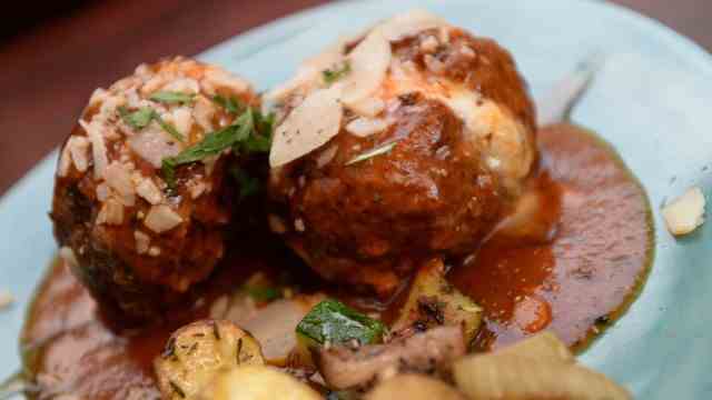 Restaurant Kuzina: The full-blown form of the meatball: bifteki filled with buffalo mozzarella.