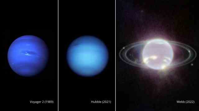 Astronomy: Three images of Neptune: taken by Voyager 2 in 1989 (left), Hubble 2021 (middle) and Webb 2022 (right).  In visible light, Neptune appears blue due to small amounts of methane gas in its atmosphere.  Webb's near-infrared camera instead observed Neptune in the near-infrared, where Neptune resembles a pearl with thin, concentric oval rings.