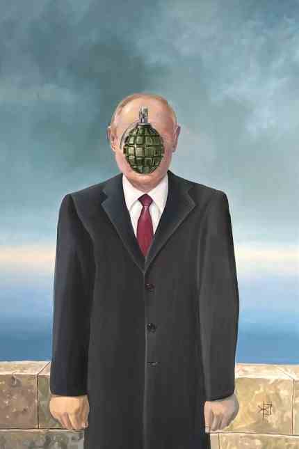 Art Against War: Based on the painting "The son of man" by René Magritte, this work by Kyrylo Zhornovyi shows Putin with a grenade instead of an apple in his face.