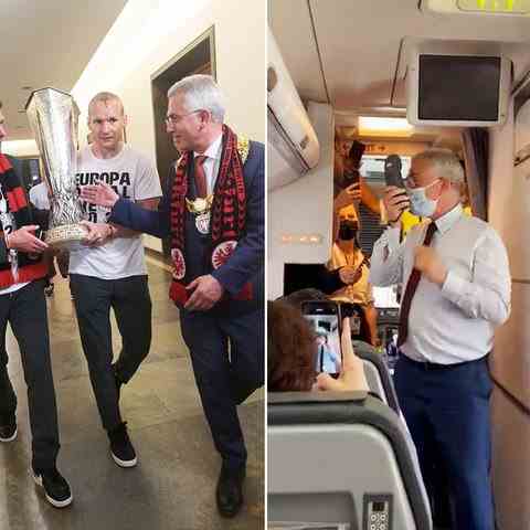 Image combo with three photos: left the Feldmanns;  center Feldmann reaching for the trophy worn by the soccer coach and player;  right Feldmann in the plane making an announcement.