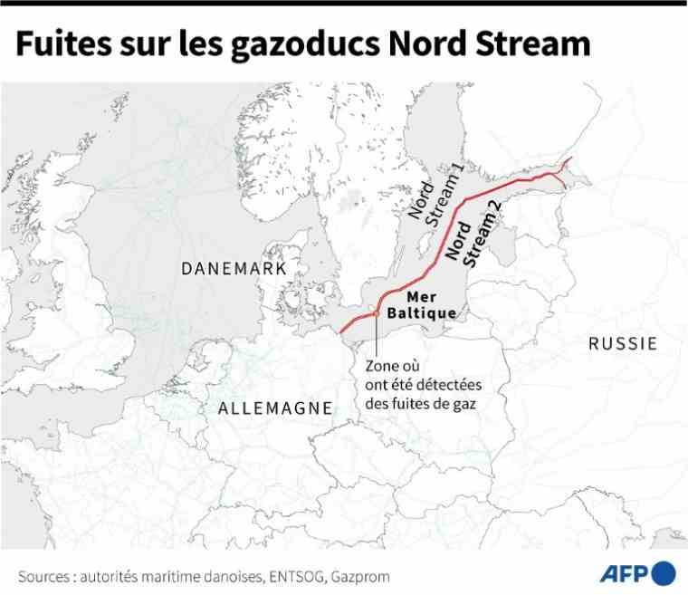 Map of the area where gas leaks have been detected on the route of the Nord Stream 1 and 2 gas pipeline (AFP / )