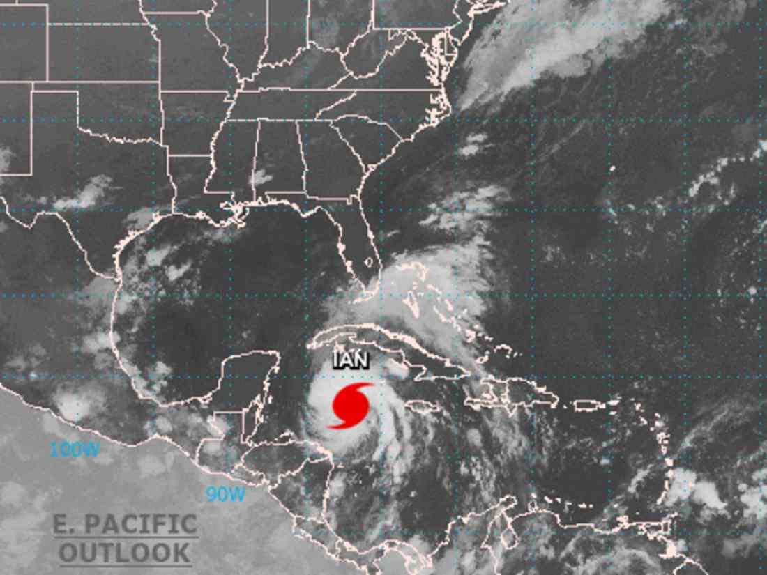 Tropensturm „Ian“ steuert auf den US-Bundesstaat Florida zu, wie auf der Satellitenaufnahme zu erkennen ist.