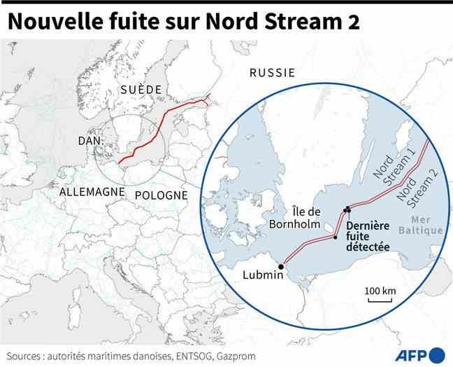 Map locating the four leaks in the Nord Stream 1 and 2 gas pipelines.