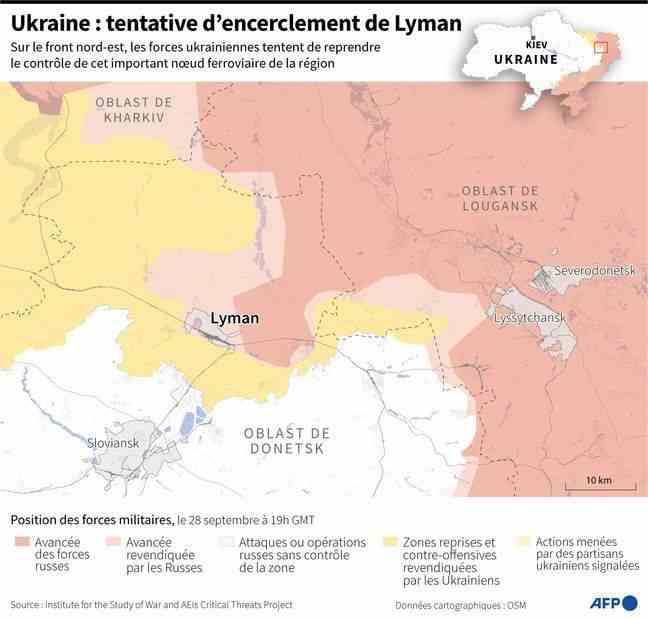 Map locating the town of Lyman in northeastern Ukraine and the positions of Russian and Ukrainian forces