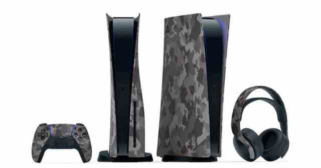 Well camouflaged: the new PS5 DualSense controllers, interchangeable covers and headsets in gray camouflage design (Image: Sony Interactive)
