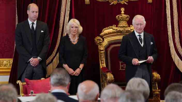 Proclamation: Prince William and Queen Camilla hear new King Charles III speak.  before the Accession Council