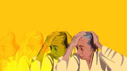 An old woman is depressed from her life and suffering from severe headache.    All elements are in separate layers color can be changed easily.