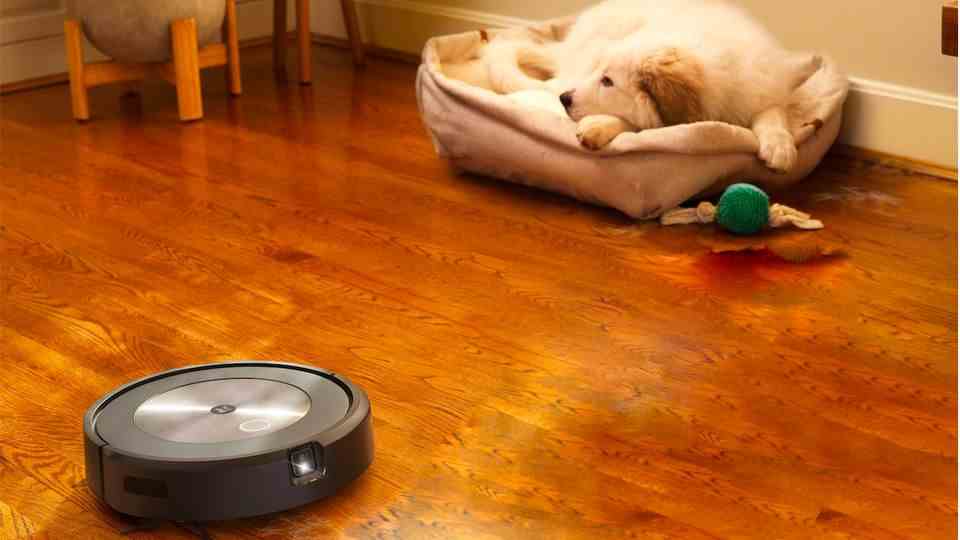 A Roomba robot drives through a room, in the background a dog
