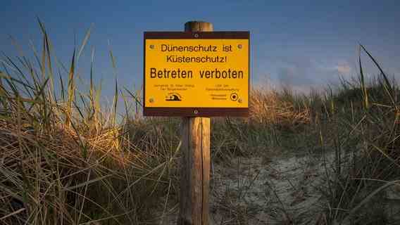 Hinweisschild "Dünenschutz ist Küstenschutz" am Strand Ording-Nord in St. Peter-Ording. © IMAGO / imagebroker Foto: IMAGO / imagebroker