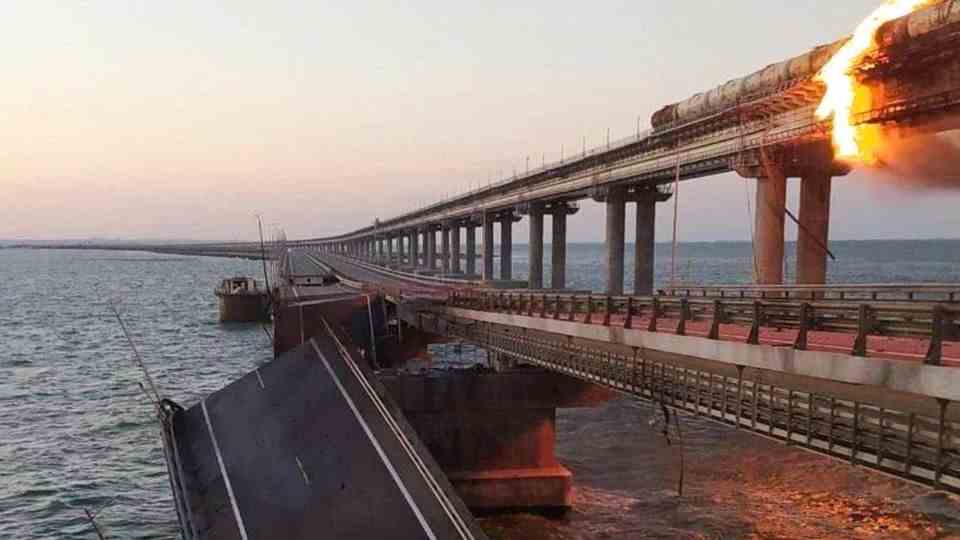 The Crimean Bridge after the explosion early Saturday morning 