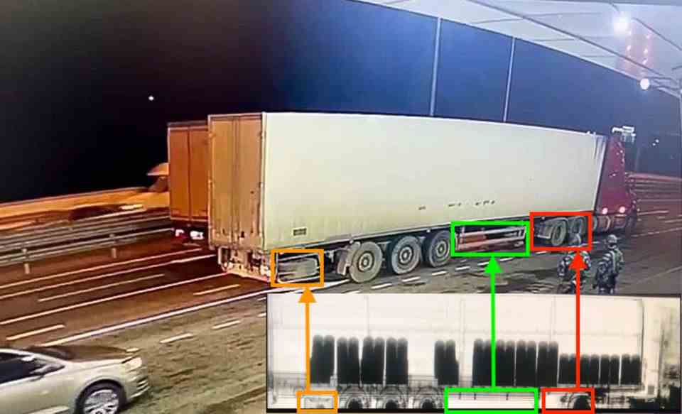 A video recording and an X-ray supposed to show the truck that is said to have exploded on the Crimean bridge.