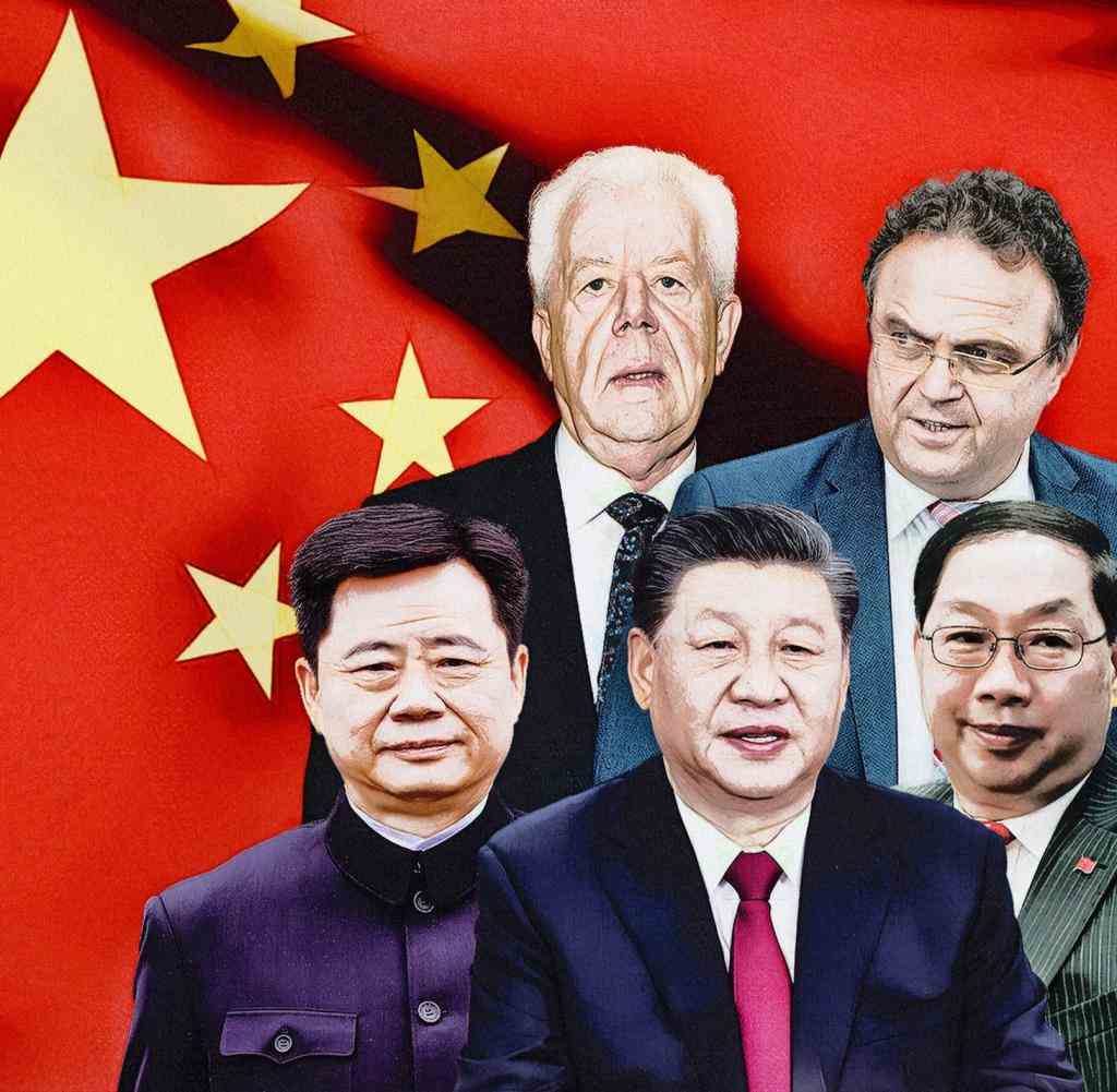 Chinesische Botschafter Wu und Shi (unten, links und rechts von Staatschef Xi) – und ihre deutschen Helfer van Kampen und Friedrich