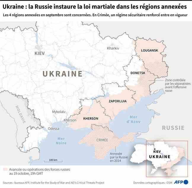 Map of Ukraine showing the four regions annexed by Russia in September and where the Russian President has ordered martial law as of October 20.