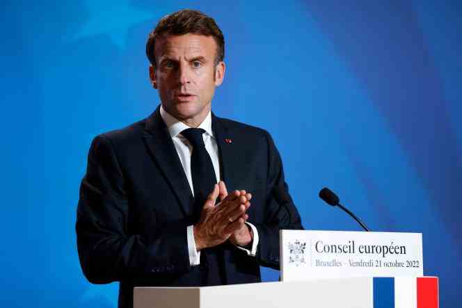President Emmanuel Macron during a press conference after an exchange on the second day of the European Council in Brussels on Friday October 21, 2022.