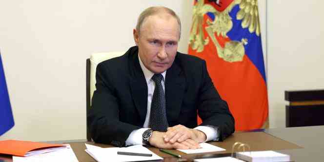 Russian President Vladimir Putin, during a videoconference meeting of his security council, at the Novo-Ogaryovo state residence, near Moscow, on October 19, 2022. 