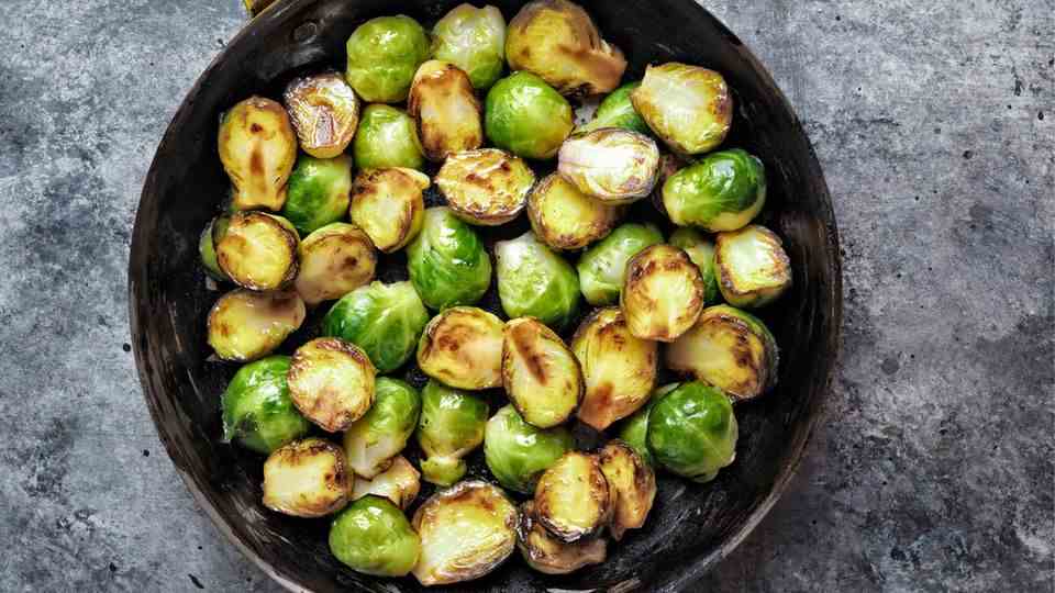 Roasted Brussels sprouts in a pan
