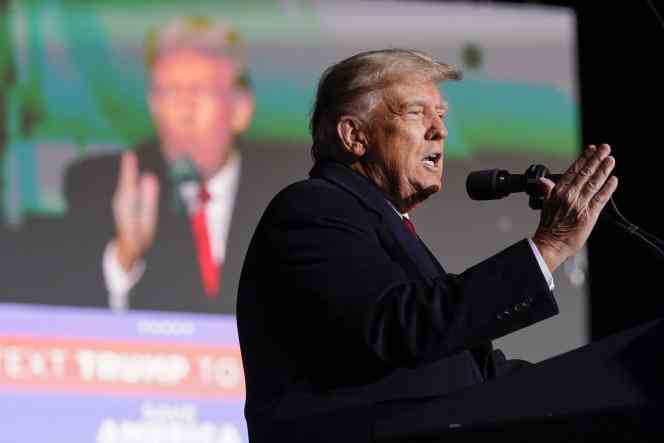 Former President Donald Trump speaks at a campaign rally in support of the campaign of Ohio Senate candidate JD Vance at Wright Bros.  Aero Inc. at Dayton International Airport on Monday, Nov. 7, 2022, in Vandalia.  (AP Photo/Michael Conroy)