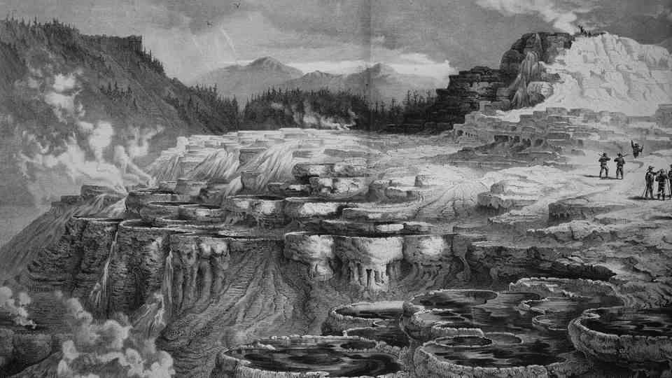 The hot springs in Yellowstone National Park.  Historical engraving from around 1885