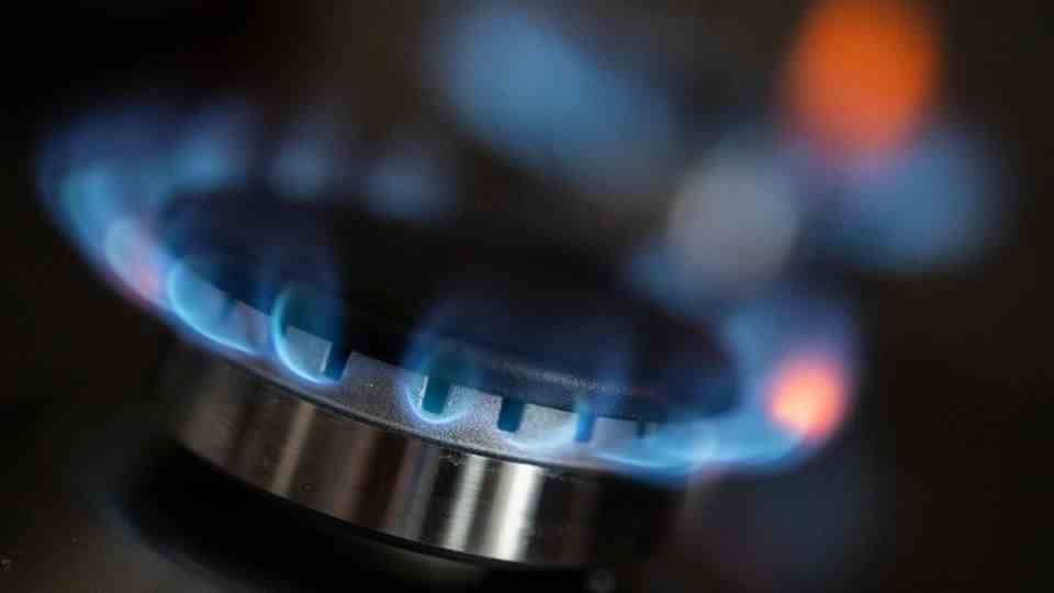 Blue flames come out of the burner on a gas stove