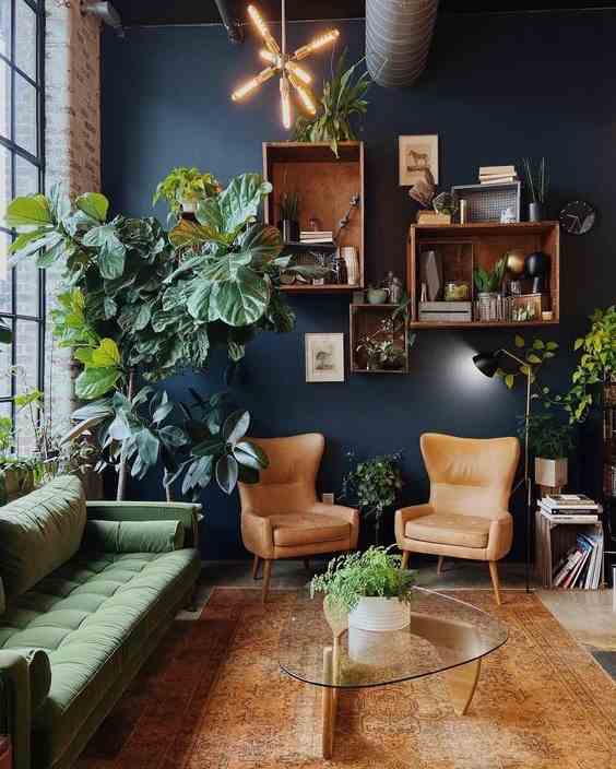 Plants And Rich Colors For A Cozy Living Room In A Loft Interior 