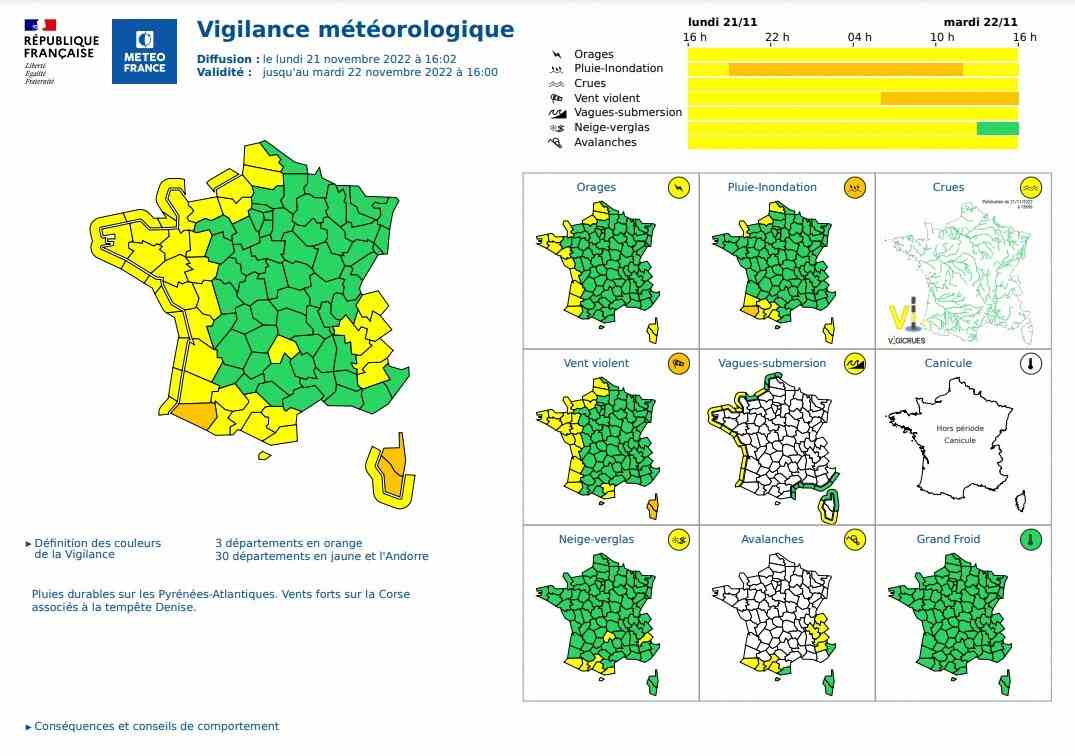 The vigilance map of Météo France issued this Monday, November 21, 2022 at 4 p.m. 