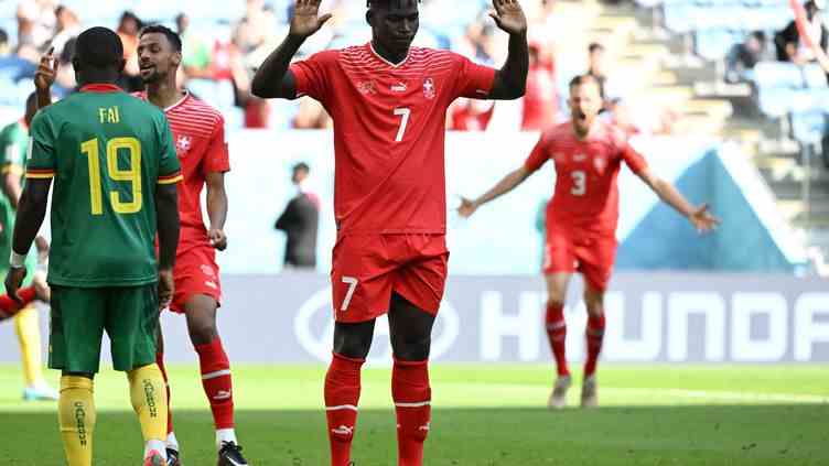 Monaco's Swiss striker Breel Embolo, born in Cameroon, very soberly celebrates his goal against the Indomitable Lions, during the Switzerland-Cameroon World Cup match, on November 24, 2022 in Doha, Qatar.  (FABRICE COFFRINI / AFP)