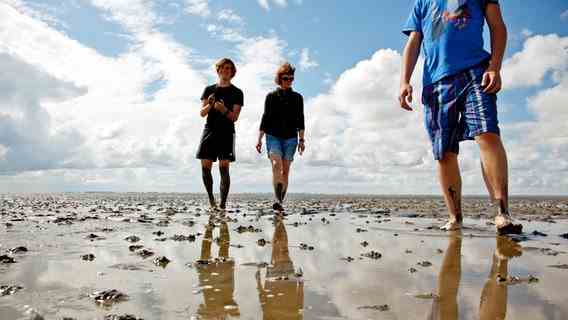 Three young people are walking barefoot in the mudflats.  © fotolia Photo: Edler von Rabenstein