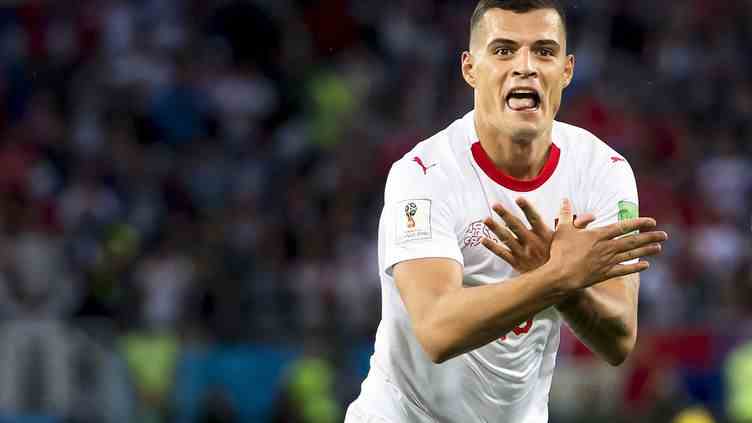 Granit Xhaka celebrating his goal against Serbia at the 2018 World Cup. (LAURENT GILLIERON / KEYSTONE)