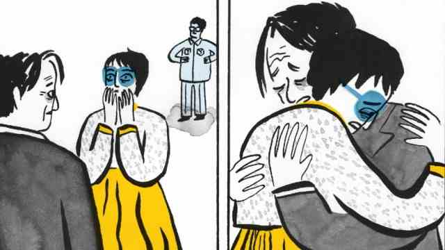 cartoons: "Mme Choi and the Monsters": Kidnapped into the kingdom of Kim Jong-il: Choi Eun-hee and her husband when they meet again, in the background the tyrant Kim.